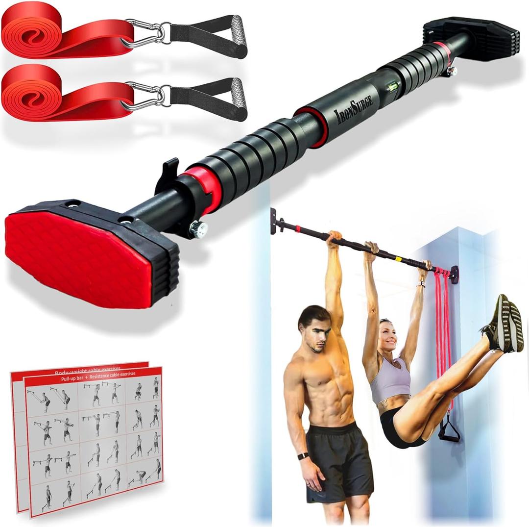 Pull Up Bar for Hallway or Doorway 6-piece Set with Two Attachable Resistance Bands/Handles, Training Manuals, No Screws Chin Up Bar, Max 680lbs, Width options: 26"-37"