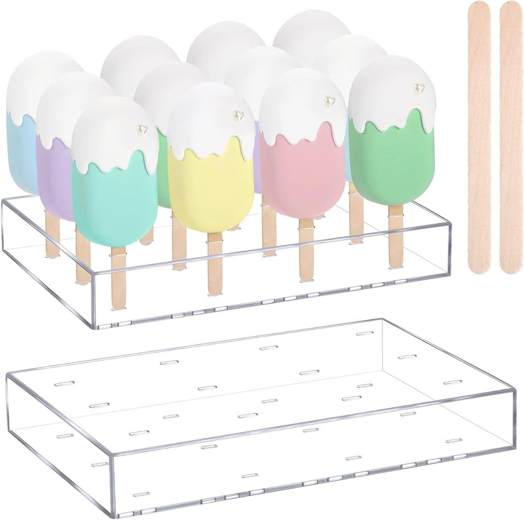 Gejoy 2 Pcs Cakesicle Stand Display Acrylic Cake Pop Stand Reusable Cake Pop Holder Clear Lollipop Holder and 100 Pcs Wood Ice Cream Sticks for Birthday Wedding Baby Shower Parties Dessert Table