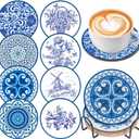 8 Pcs Diamond Art Coasters Kits for Adults with Holder Cork Pads, DIY Blue and White Porcelain Diamond Art Dots Painting Coasters Kits for Adults Beginners, Ideal Gift