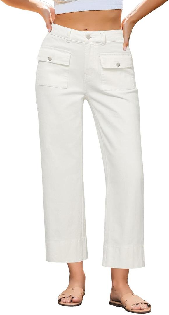 GRAPENT Wide Leg Jeans for Women Trendy High Waisted Straight Leg Cropped Stretchy Denim Pants with Retro Patch Pockets (Small, Cream White)