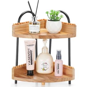AceOrbit 2 Tier Bathroom Corner Counter Organizer Countertop Organizer, Vanity Counter Corner Shelf for Cosmetic Skincare Perfume, Wood Bead Storage and Organization for Bathroom Kitchen