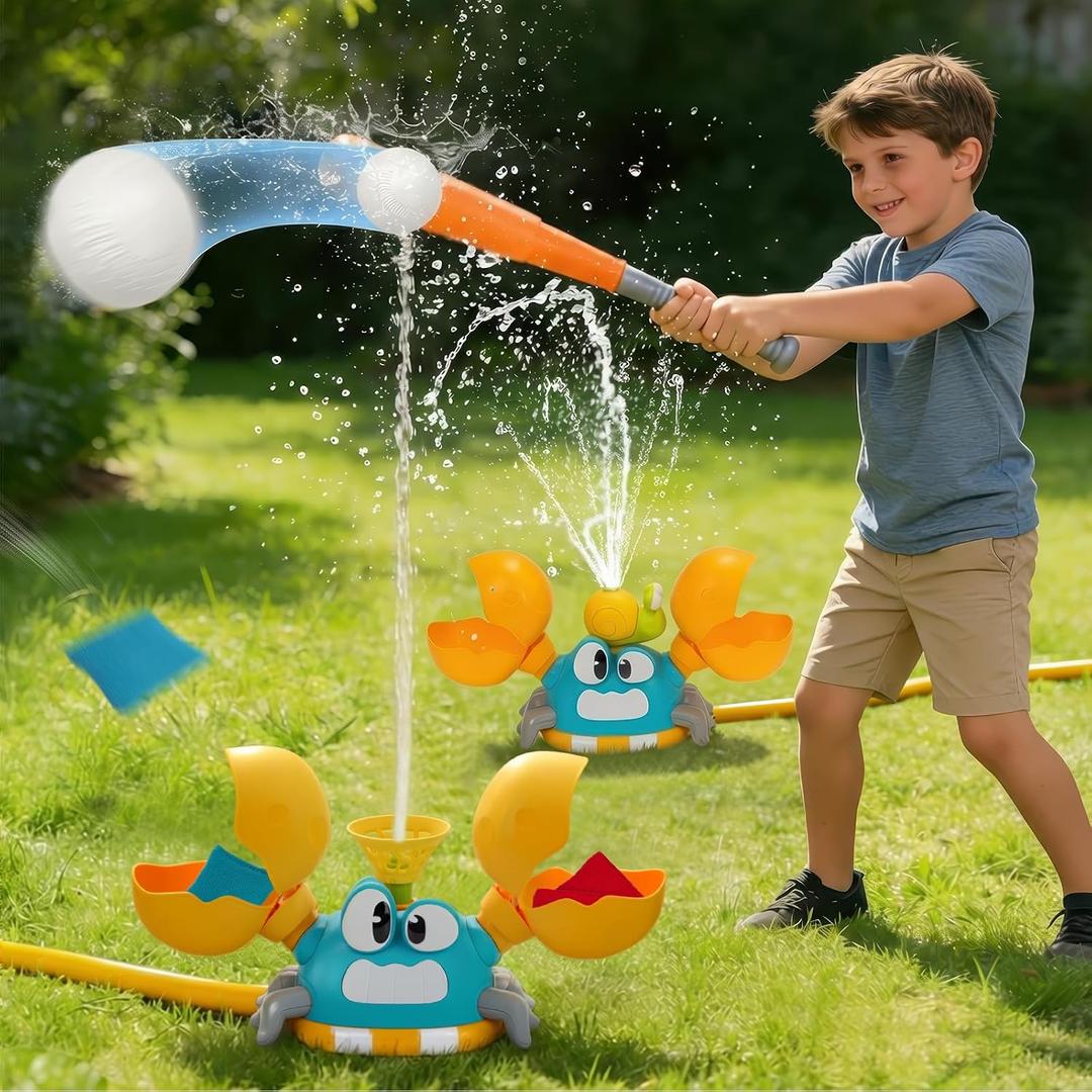 Water Sprinkler for Kids, 3-in-1 Crab Outdoor Toy with Toss Game, Batting Game & Splashing Fun, Attaches to Garden Hose, Summer Backyard Lawn Toy for Boys & Girls Ages 3-8 (Blue Crab)