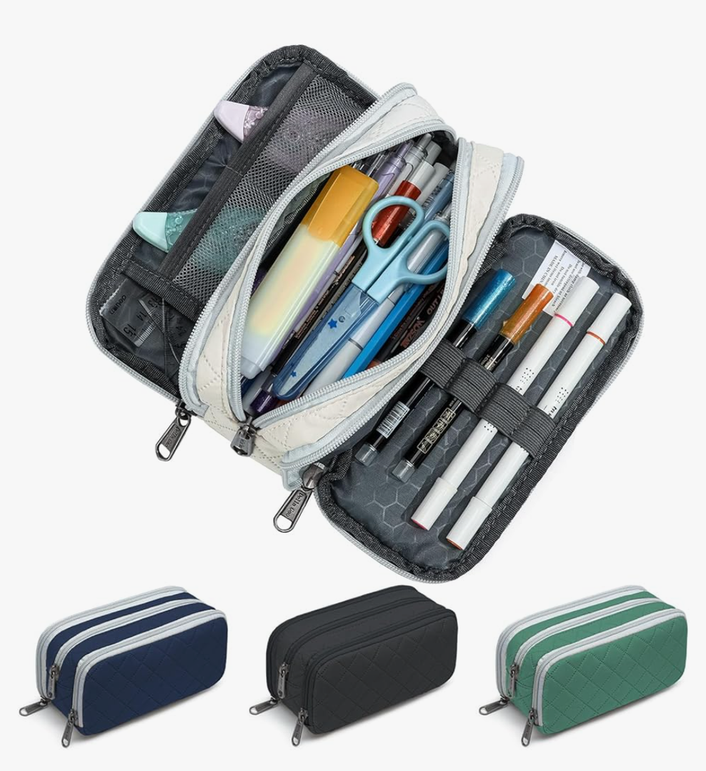 Della Gao Large Pencil Case, Big Capacity Pencil Pouch with 3 Compartments, Office Pencil Bag with Zipper, Big Pen Case for Adults (Beige-03RH) Pack of 2