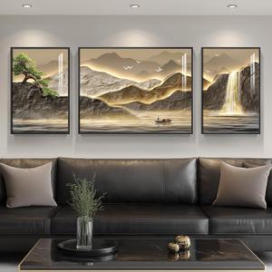 Framed Mountain Wall Art for Living Room, 3 Piece Brown Landscape Painting Prints, Modern Luxury Bright Style Pine Tree Waterfall Artwork for Dining Room,Hallway Office Wall Decor, 24" H x 64" W