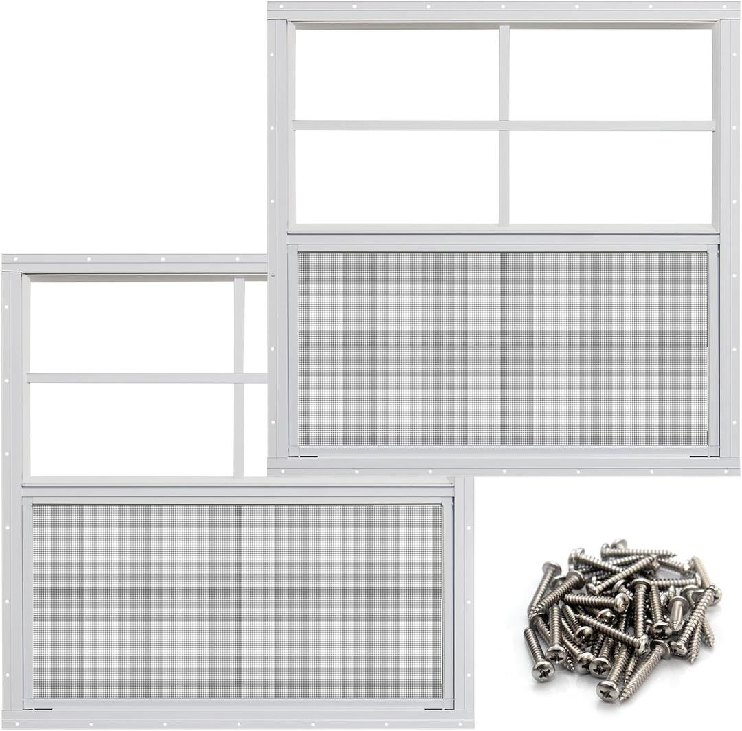 NeatiEase 2 Pack Shed Windows, 24" x 24" Flush Mount Window with Tempered Glass and Fiberglass Screen for Shed, Chicken Coop, Playhouse, Household, Garage