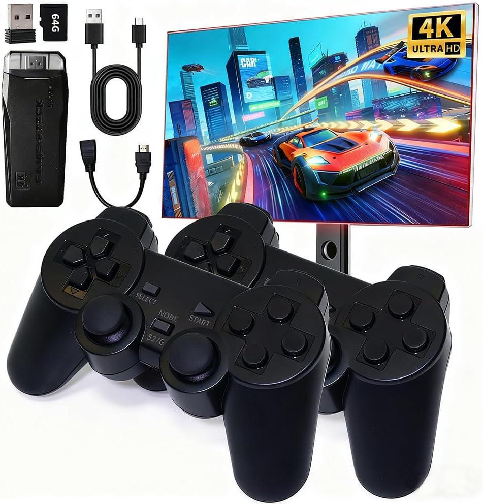 Retro Game Console Stick  Plug & Play Wireless Video Game System with 20,000+ Classic Games, 9 Emulators, 4K HDMI Output, 2.4GHz Dual Controllers, Arcade Stick for Adults(64G)