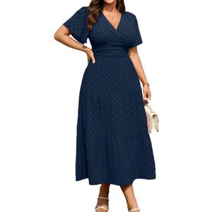 RWJ Women's Plus Size Wrap V Neck Dress Summer Short Sleeve Swiss Dot Empire Waist Casual Holiday Wedding Maxi Dresses, Navy Blue, L