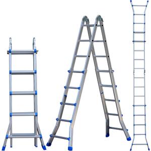A Frame 5 Step Telescoping Ladder, 16 FT Reach Height Muti Position Folding Ladder with Flared Leg, 330 lbs Bearing Capacity Folding Aluminum Ladder for Stairs Home Indoor Outdoor Roof Use (Blue)