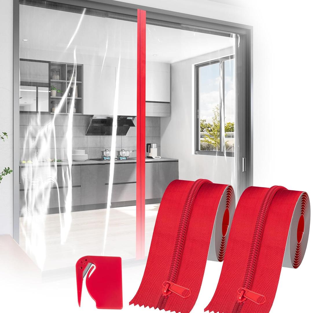 Heavy Duty Zipper Door for Dust Barriers,2 Rolls Self-Adhesive Dust Zipper for Plastic Sheeting,7ft x 3in Tarp Zipper Door for Greenhouses,Construction,Carpentry,Renovation,Wall Building