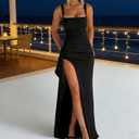 Women's Square Neck Ruched Maxi Dress Sleeveless High Slit Bodycon Formal Gown for Wedding Guest, Prom, Gala in Black, X-Large