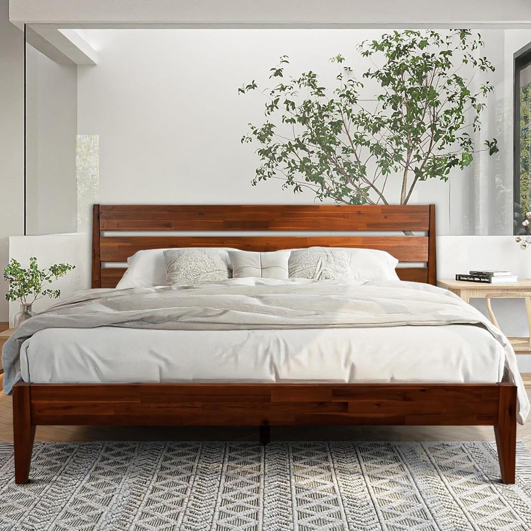Acacia Emery Bed Frame with Headboard Solid Wood Platform Bed, King Size Bed Frame, Mid - Century Modern Wood Bed Compatible with All Mattresses, Easy Assembly, Non-Slip, Chocolate.