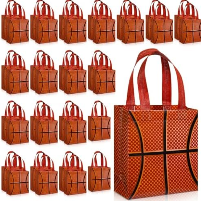 Wovnet 36 Pcs Sports Party Favor Bags with Handles Non Woven Football Baseball Soccer Basketball Goodie Treat Gift Bags Bulk(Basketball)