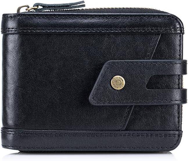 Genuine Leather Men's Wallet with Zipper Vintage RFID Blocking Large Capacity Wallet for Men with 11 Credit Card Slots and 1 ID Window (Black)