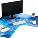 L Shaped Desk Mat 33'' Large Rubber Printing Mouse Corner Pad Long Extended Non-Slip Rubber Desk Mat Computer Protection Supplies(Blue)