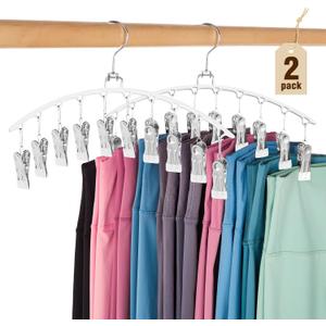 HOUSE DAY Legging Organizer for Closet, Metal Yoga Pants Hanger 2 Pack w/10 Clips Holds 20 Leggings, Space Saving Hanger Closet Organizers and Storage, Clips Hanger for Pants, Skirts, Hats, White