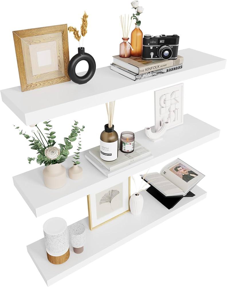 Floating Shelves for Wall White Wood Shelf for Bedroom, 36 Inch Wall Mounted Floating Shelves for Bathroom Living Room Kitchen Office, 1.3" Thick Floating Book Shelves for Wall, Set of 4