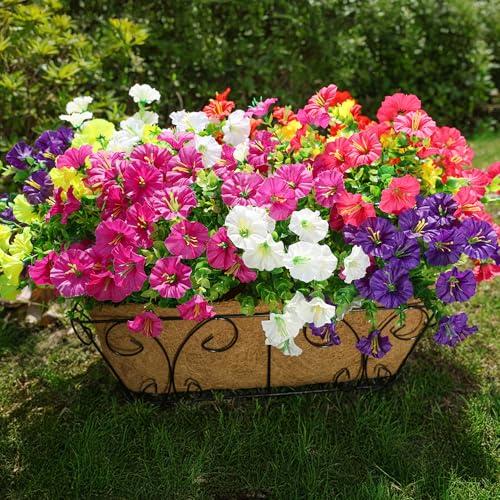 HyeFlora Artificial Flowers for Outdoors Fake Plants Outside Decoration, 12 Bundles Silk Colorful Morning Glory with Eucalyptus UV Resistant Realistic Faux Flowers for Planter Porch Patio Yard Garden