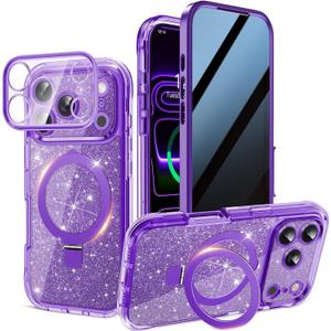 Magnetic Privacy Case for iPhone 17 Pro Max [DIY Glitter Cardstock] [Invisible Magnetic Kickstand] Built-in Anti Peep Screen Protector, Camera Protection Full Body Glitter Case for Women - Purple