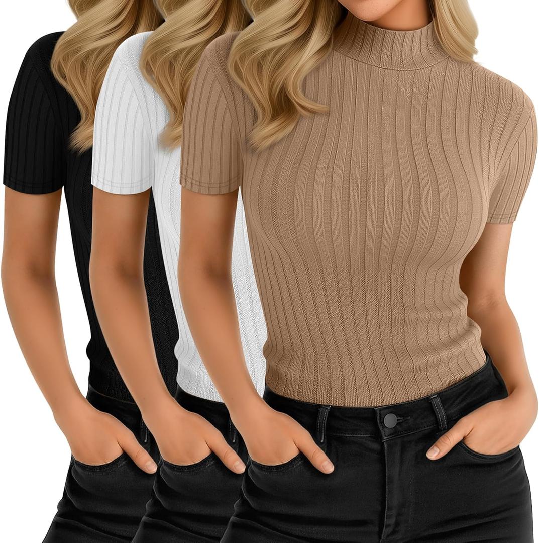 3 Pack Women Mock Turtleneck Shirts Short Sleeve Ribbed Lightweight Basic Layering Cotton Tops Slim Fit Tunic Tees (Medium, Khaki, White, Black)
