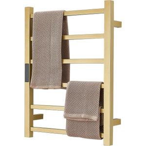 Gold Heated Towel Warmer Rack Bathroom Accessories, Wall Mounted Electric Heated Towel Rail 6 Bars Stainless Steel Electric Drying Racks with Timer, Home Towel Warmer Radiator, Hardwired