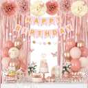 Pink Decorations for Women Girls, Dusty Pink Sand Rose Gold Metallic Printed Balloons Butterfly Stickers Fringe Curtain Happy Birthday Banner Circle Dots Garland Paper Pompoms Valentines Supplies