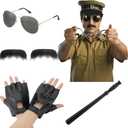 2 x Mepase 5 Pcs Halloween Cop Costume Men Lieutenant Police Costume Accessories Set Border Patrol Outfits Include Sunglasses, Baton, Fingerless Gloves and Mustache Funny Halloween Cosplay Adult
