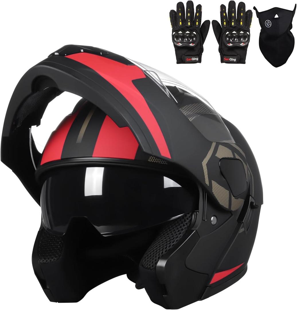 Adult Modular Motorcycle Helmets, DOT Approved Flip up Dual Visor Full Face Helmet for Men Women Moto ATV UTV Snowmobile ADV Four Wheeler Street Bike with Gloves & Mask, Black Red, L