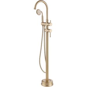 Brushed Gold Freestanding Tub Faucet, 360° Swivel Floor Mounted Bathtub Filler with High-Pressure Handheld Spray, Solid Brass Vintage Telephone Shower Combo for Clawfoot Soaking Tubs, flexible 59-inch (150cm) stainless steel hose