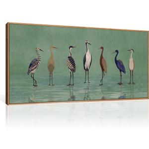 Large Vintage Heron Green Framed Canvas Wall Art,Crane Lake Wildlife Wall Decor,Minimalist Animals Art Prints,Nature Birds Landscape Artwork for Living Room,Bedroom,Farmhouse- 20''x40''x1