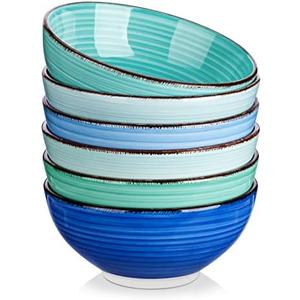 vancasso Bonita 27 Oz Cereal Bowls Set of 6, Blue Ceramic Bowls for Kitchen, 6 Inch Soup Bowls, Dishwasher & Microwave Safe