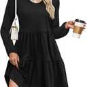 Wkior Womens Long Sleeve Dress 2025 Fall Casual V Neck High Waist A-Line Tiered Flowy Swing Babydoll Mini Short Dresses (XX-Large, Black)