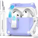 R-fun Compatible with AirPods 4th Gen Case, Full Drop Protection Auto Pop-Up Lid and Lock Design with Cleaner Kit and Keychain for AirPods 4 2024-White/Lavander