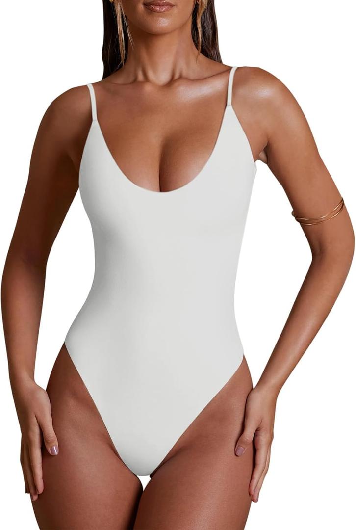 REORIA Womens Summer Sexy V Neck Double Lined Sleeveless Backless Trendy Going Out Slimming Cami Body Suit Top For Teen Girls White, Small