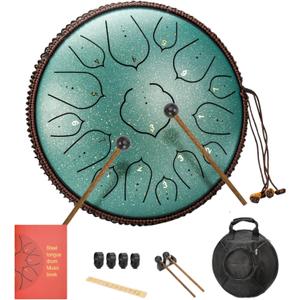 Steel Tongue Drum 14 Inches 15 Notes Hand Pan Drum Rain Drum Percussion for Meditation Yoga Musical Education for Adult& Kids(Lotus Green)