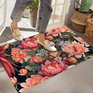Peony Floral Indoor Door Mat,Non-Woven Fabric Door Mat,Anti-Slip Backing Welcome Mat for Front Door,Indoor Entrance,Kitchen, Bedroom,Living Room-Durable Floor Mat for Home Decor & All Seasons