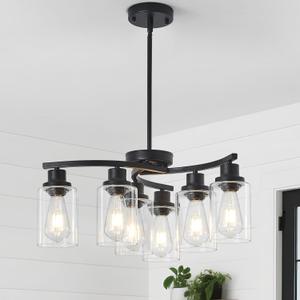 6-Light Black Chandeliers Modern Farmhouse Dining Room Light Fixtures Over Table with Clear Glass Shade, Height Adjustable Industrial Hanging Lighting for Kitchen Island Foyer Hallway Entryway
