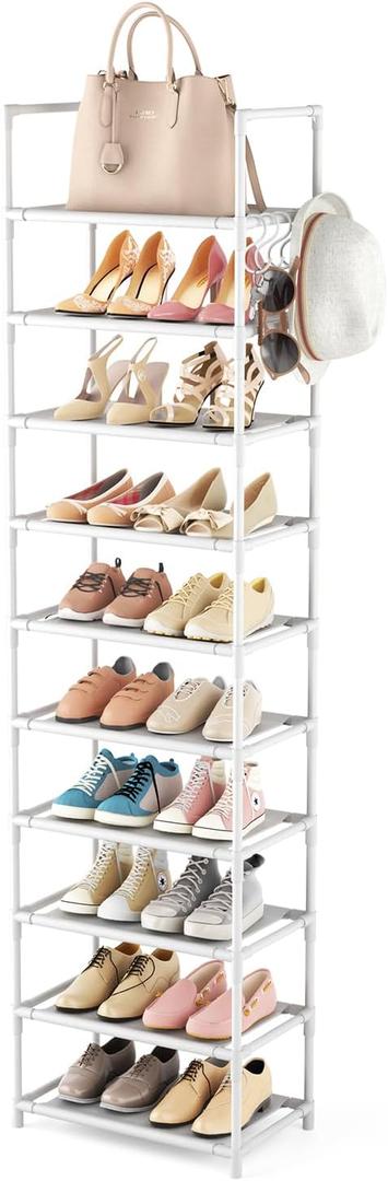 LANTEFUL 10 Tiers Tall Shoe Rack 20-25 Pairs Boots Organizer Storage Sturdy Narrow Shoe Shelf for Entryway, Closets with Hooks, White (10 Tier-68" High-17" Wide)