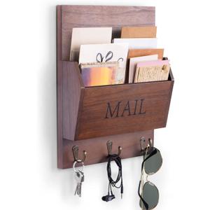 DLQuarts Mail Organizer with Key Holder for Wall Decorative Mail Sorter Wall Mounted, Wooden Mail Holder with 3 Hooks, Dark Brown