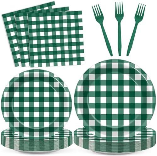 Green Gingham Party Decorations Green and White Checkered Birthday Themed Tableware Gingham Plaid Plates Napkins Forks Picnic BBQ Dinnerware Supplies for Baby Shower Birthday Serves 24 Guests