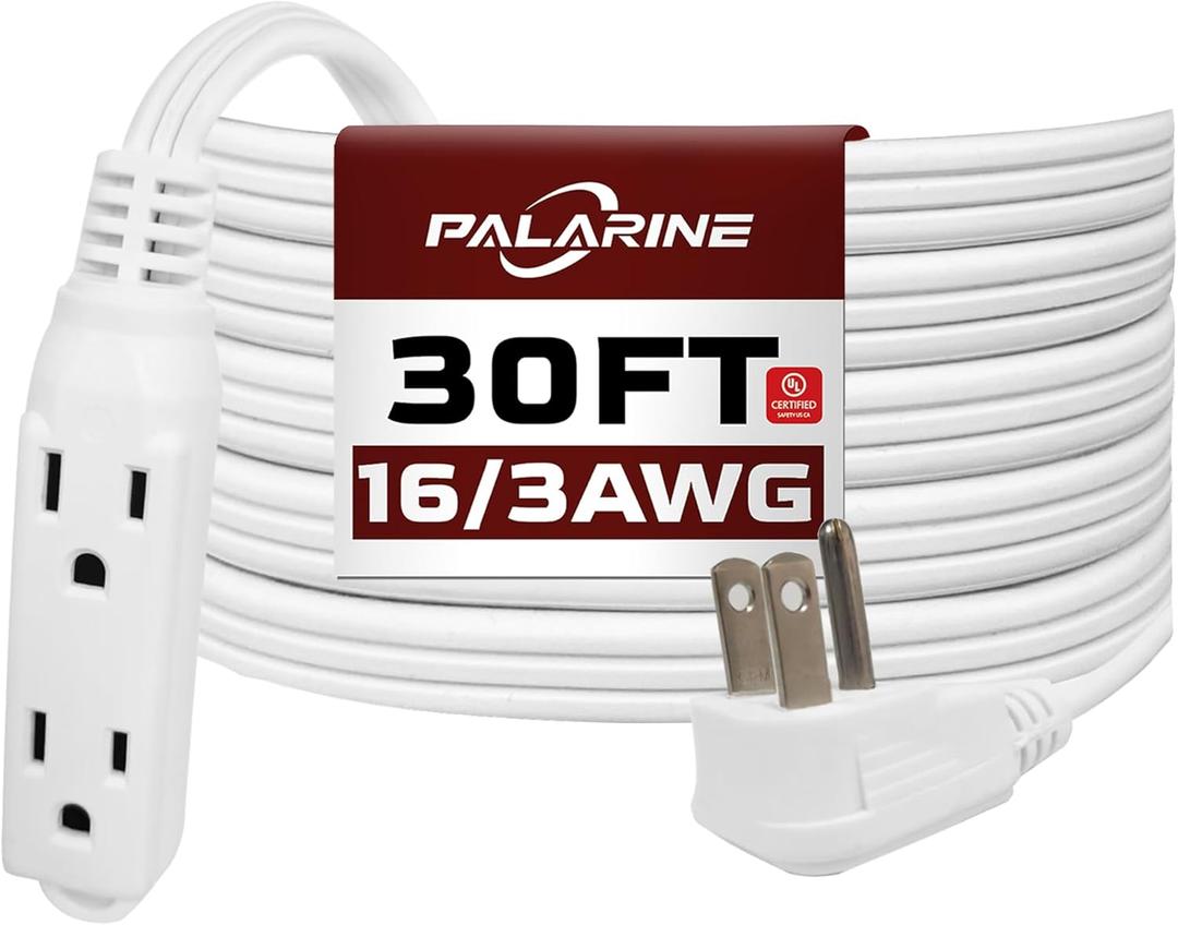 Flat Plug Extension Cord with 3 Outlets Extender, Indoor Extension Cord Flat Plug Power Strip 16 Gauge 30FT White 3 Prong, 16/3 SPT-3 13A, UL Listed