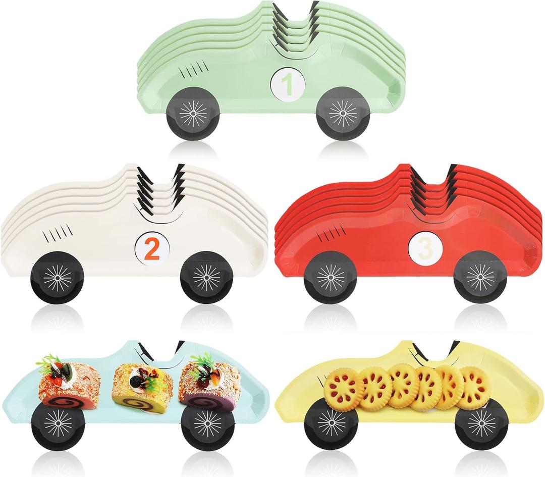 25 Pack Vintage Race Car Plates Disposable Paper Number 1-5 Birthday Plates Racing Car Party Decorations for Tableware Baby Shower Birthday Party Supplies