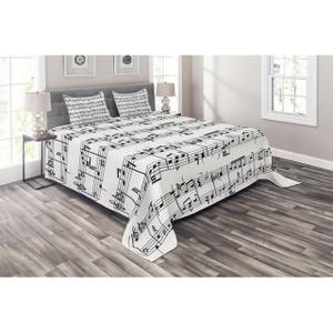 Ambesonne Music Quilted Coverlet 3 Pcs, Notes on the Clef, King Size, Black and White, 18x36