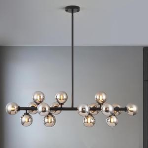 16-Light Globe Sputnik Chandelier, Mid Century Modern Light Fixture Over Table, Black Linear Chandeliers for Dining Room and Kitchen Island (Smoke Grey Glass Bubble Shades, 40 Inch)