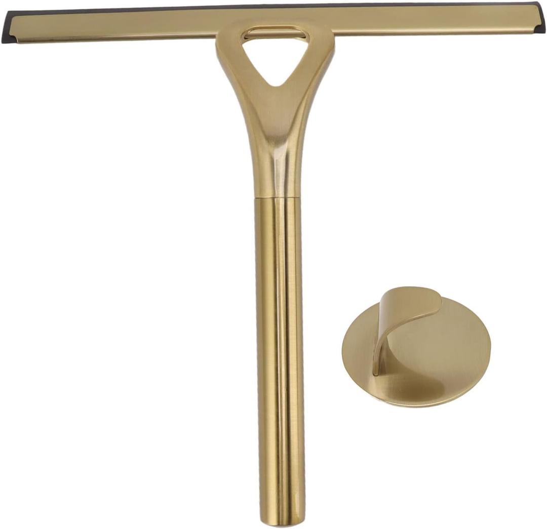 8.9x8.7inch Gold Stainless Steel Shower Squeegee Window Squeegee with Hanging Hook Glass Wiper Squeegeer Cleaning Tool for Clean Ceramic Tile,Shower Door, Mirror,Window,Car Glass,Table Top