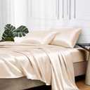 MR&HM Satin Bed Sheets, Queen Size Sheets Set, 4 Pcs Silky Bedding Set with 15 Inches Deep Pocket for Mattress (Queen, Beige)