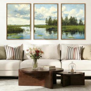 BINCUE Framed Green Nature Wall Art Lake Scenery Wall Decor Landscape Art Print Green Nature Landscape Artwork Green Plants Wall Pictures for Living Room Bedroom Office Farmhouse 16 x24 Inches Set of 3 Gift