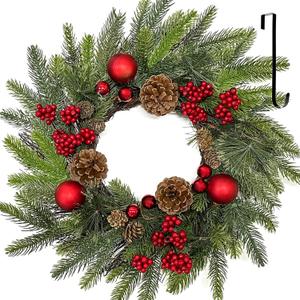 22 Inch Christmas Wreaths for Front Door with Hanger Red Ball Ornaments Berries Pine Cones Xmas Winter Wreath for Home Wall Window Porch Thanksgiving Holiday Indoor Outdoor Decor