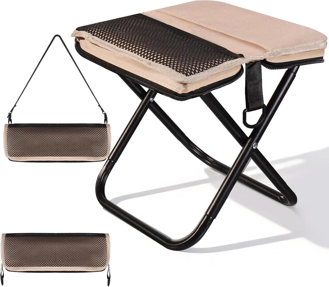 Ultra-Thin Portable Folding Stool - 1.97" Slim Fold, 0.99LB Lightweight, 200LB Capacity Camping Chair for Adults, Compact Collapsible Seat for Outdoor Fishing, Hiking, Events & QueueKhaki
