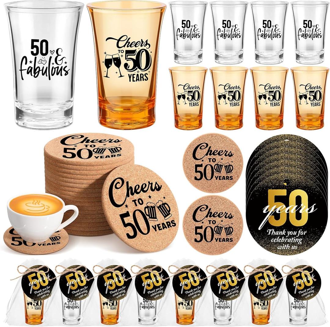 Domensi 30 Set 50 Years Birthday Party Favors for Guests 2 Styles Acrylic Shot Glasses Cheers to Birthday Coaster Souvenir Thank You Tags with Organza Bags Twine for Anniversary Wedding Shower