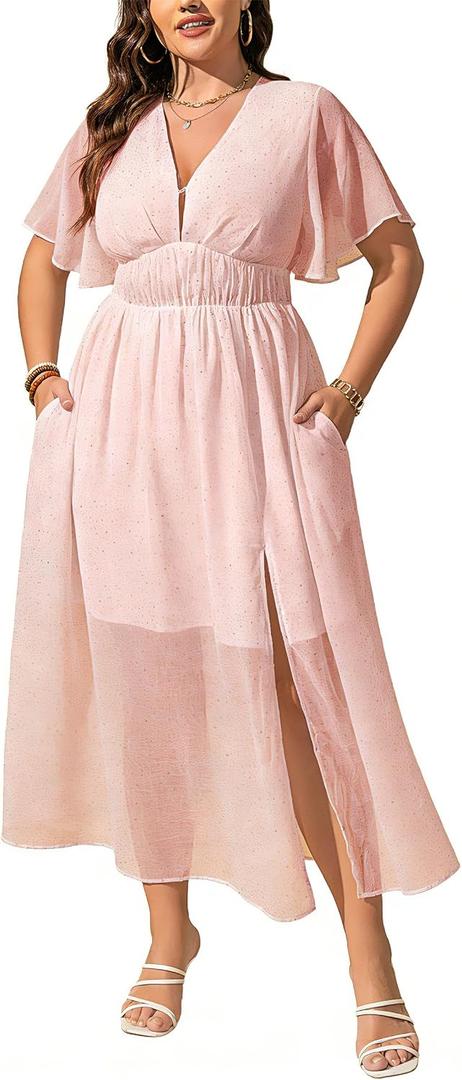EYWOL Star Chiffon Dress, A-Line Split Long Dress with Pockets Sizes M-3XL | Chiffon,M-3xl,Runs Small,A Line,Navy,Star Print,Pockets,Zipper,Formal,Split,Wedding Guest,V Neck,Lightweight,Flowy,Cocktail (Pink, L)